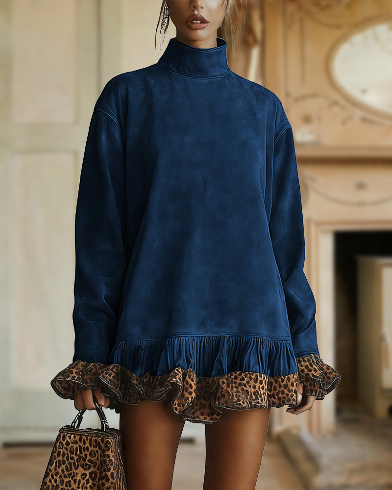 Mini-jurk in suèdelook met rechte pasvorm voor dames - losvallende jurk met lange mouwen en hoge hals, luipaardprint, ruches aan de zoom en manchetten voor de herfst en winter