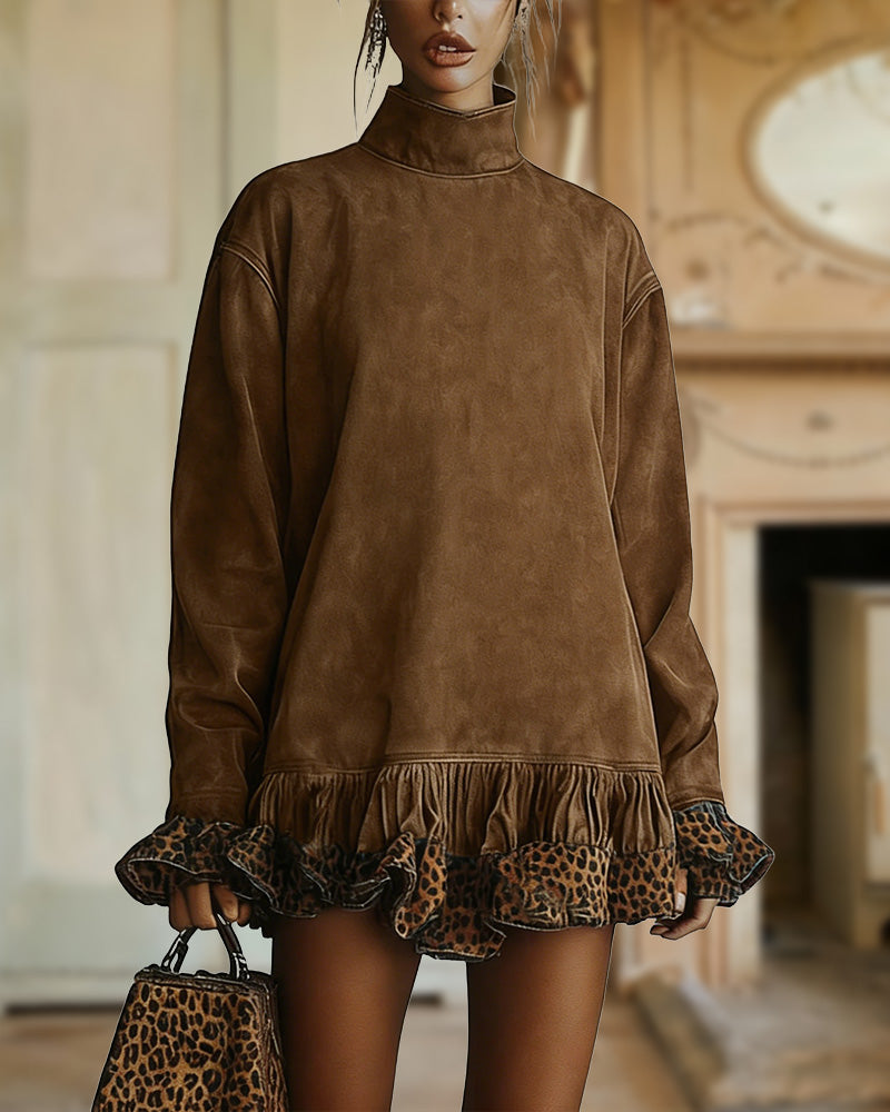Mini-jurk in suèdelook met rechte pasvorm voor dames - losvallende jurk met lange mouwen en hoge hals, luipaardprint, ruches aan de zoom en manchetten voor de herfst en winter