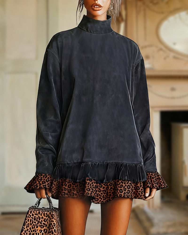 Mini-jurk in suèdelook met rechte pasvorm voor dames - losvallende jurk met lange mouwen en hoge hals, luipaardprint, ruches aan de zoom en manchetten voor de herfst en winter