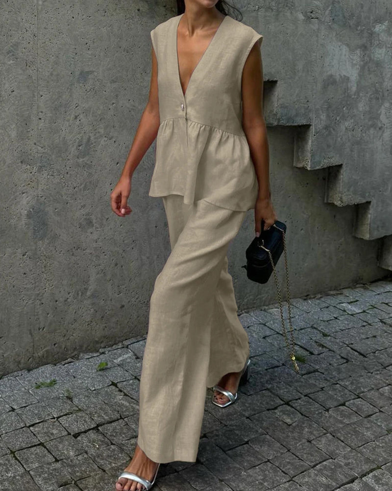 Mouwloze top met peplum en V-hals en broekset voor dames met wijde pijpen - elegante tweedelige zomeroutfit van katoenmix voor gekleed casual gebruik