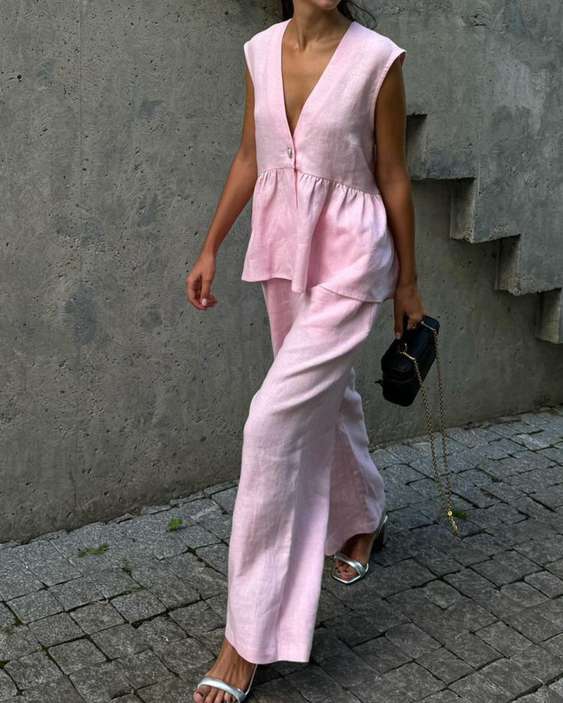 Mouwloze top met peplum en V-hals en broekset voor dames met wijde pijpen - elegante tweedelige zomeroutfit van katoenmix voor gekleed casual gebruik