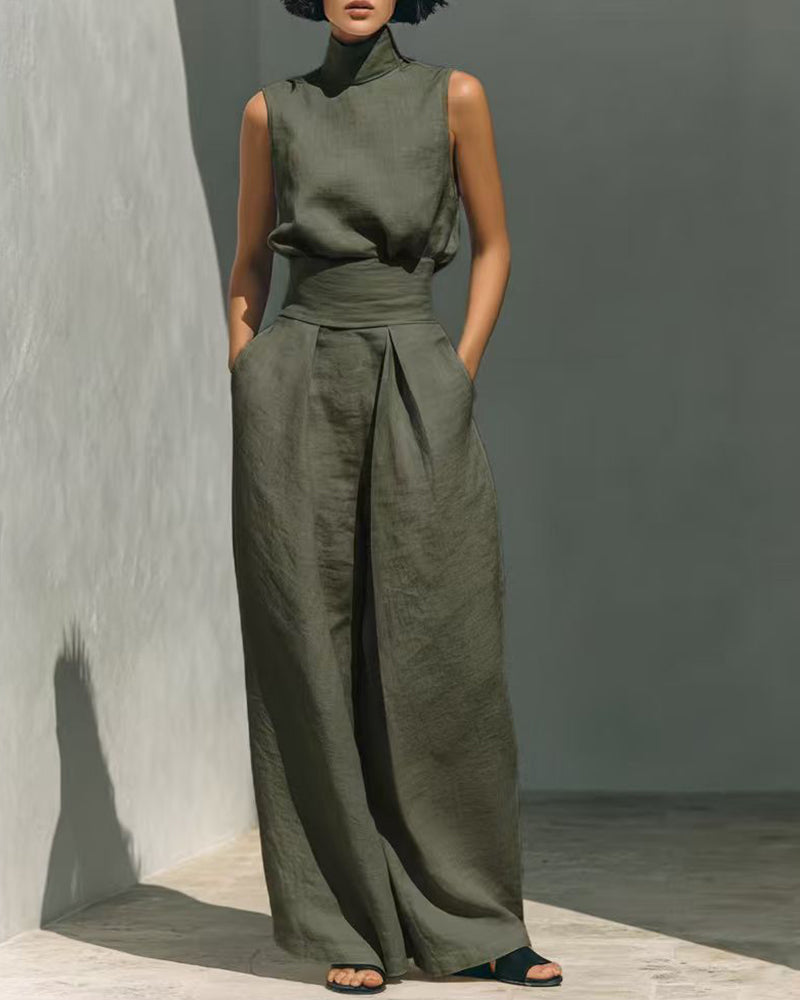 Set de damă cu top fără mâneci, cu guler înalt, și pantaloni cu croială largă - ținută elegantă de vară din două piese, cu talie înaltă