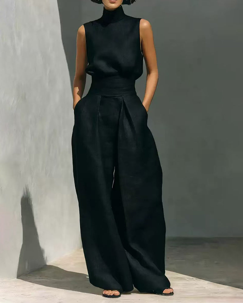Set de damă cu top fără mâneci, cu guler înalt, și pantaloni cu croială largă - ținută elegantă de vară din două piese, cu talie înaltă