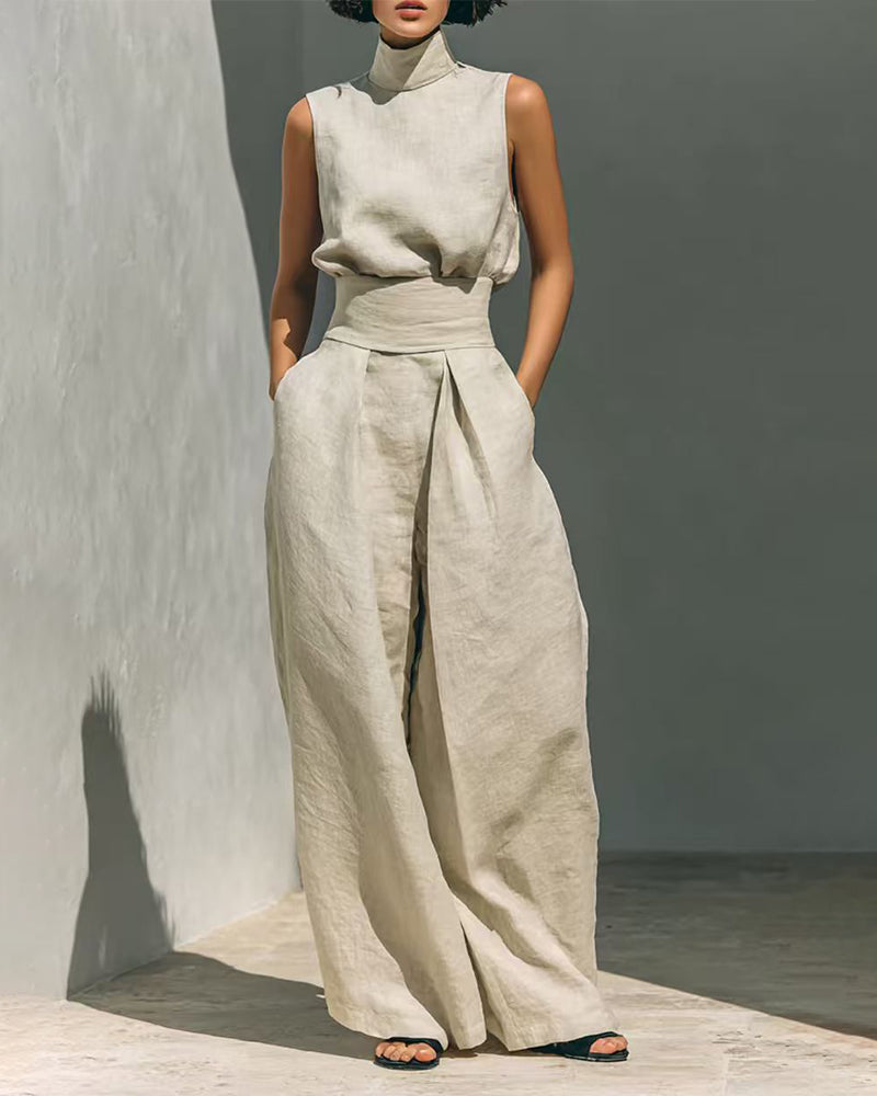 Set de damă cu top fără mâneci, cu guler înalt, și pantaloni cu croială largă - ținută elegantă de vară din două piese, cu talie înaltă