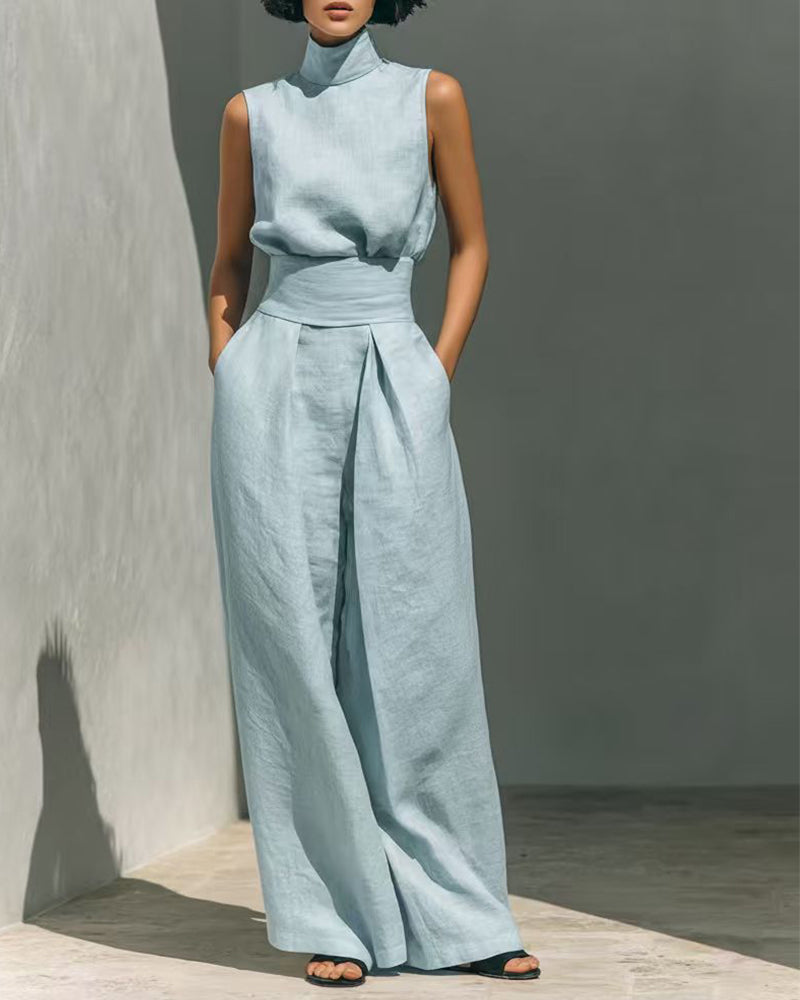 Set de damă cu top fără mâneci, cu guler înalt, și pantaloni cu croială largă - ținută elegantă de vară din două piese, cu talie înaltă