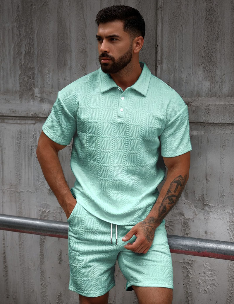 Men’s Textured Polo Shirt and Shorts Outfit Set