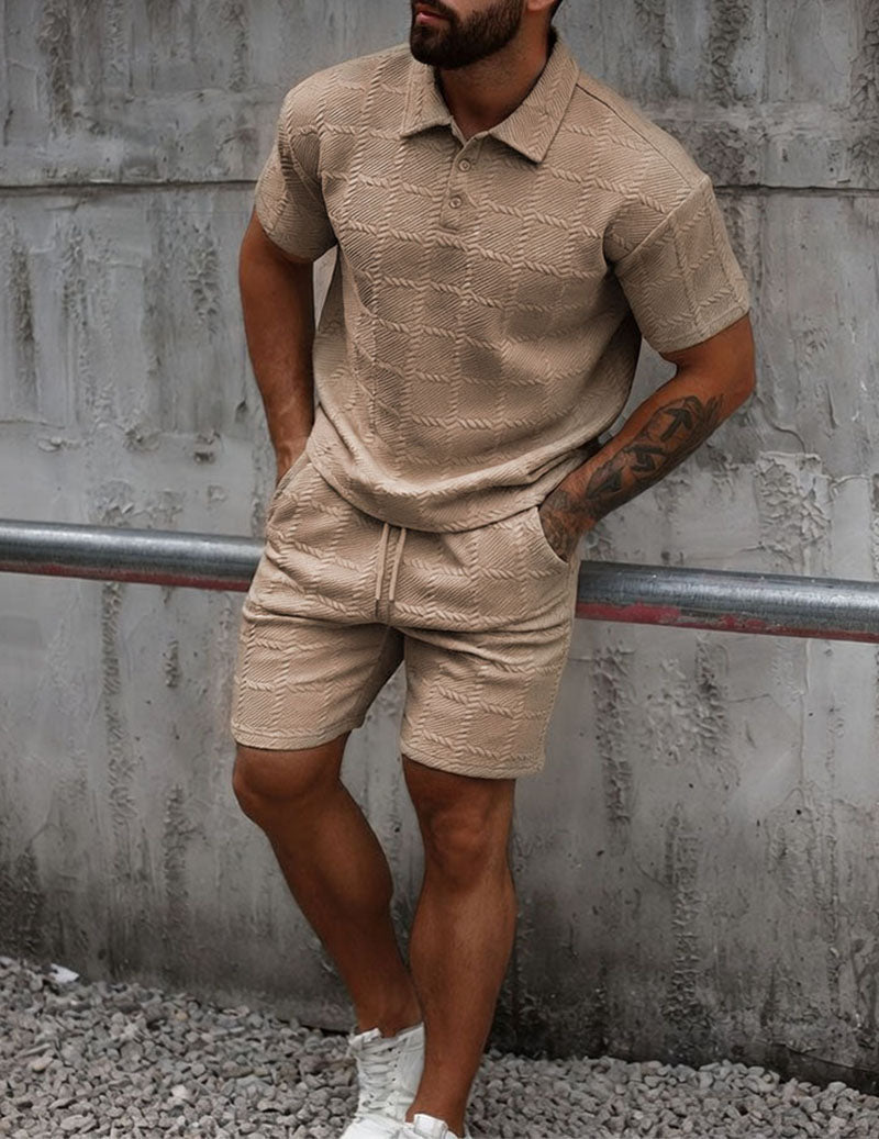 Men’s Textured Polo Shirt and Shorts Outfit Set