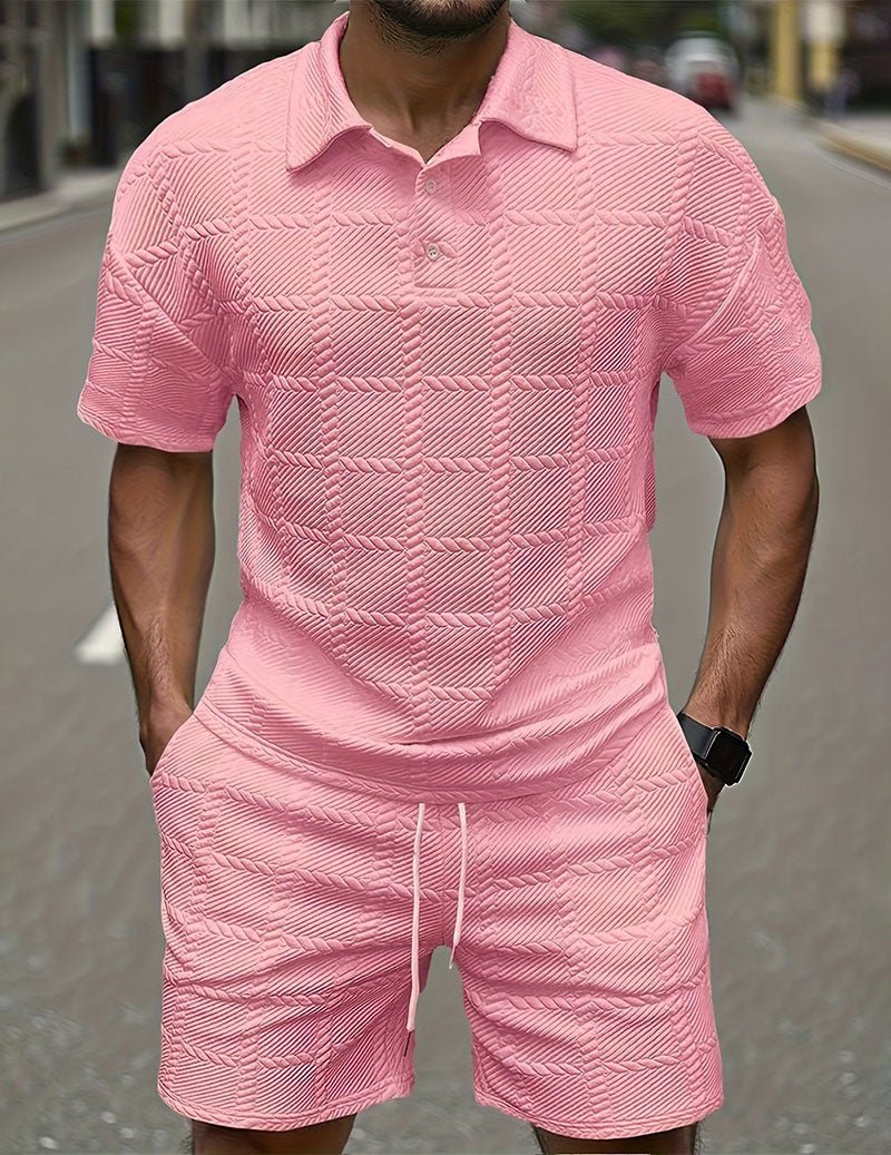 Men’s Textured Polo Shirt and Shorts Outfit Set