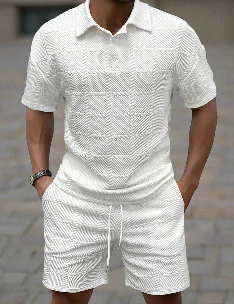 Men’s Textured Polo Shirt and Shorts Outfit Set
