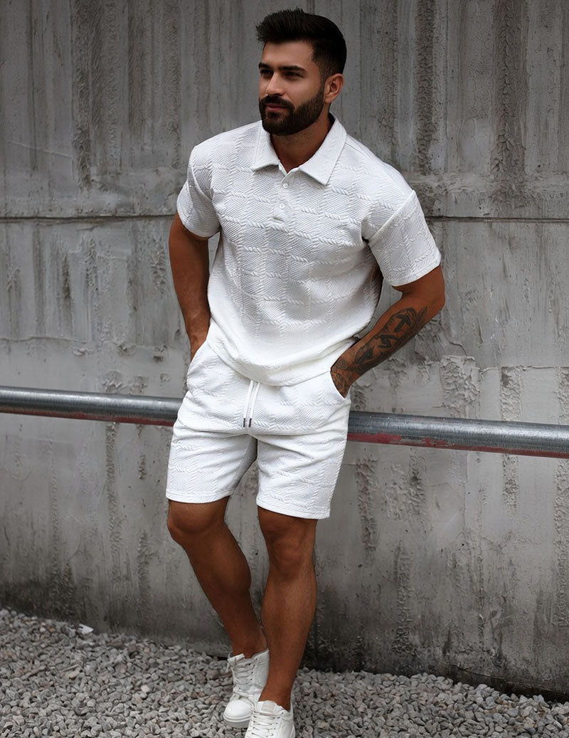 Men’s Textured Polo Shirt and Shorts Outfit Set