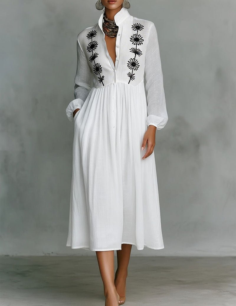 Vestido Midi de Mulher com Gola Alta e Corpete Estampado