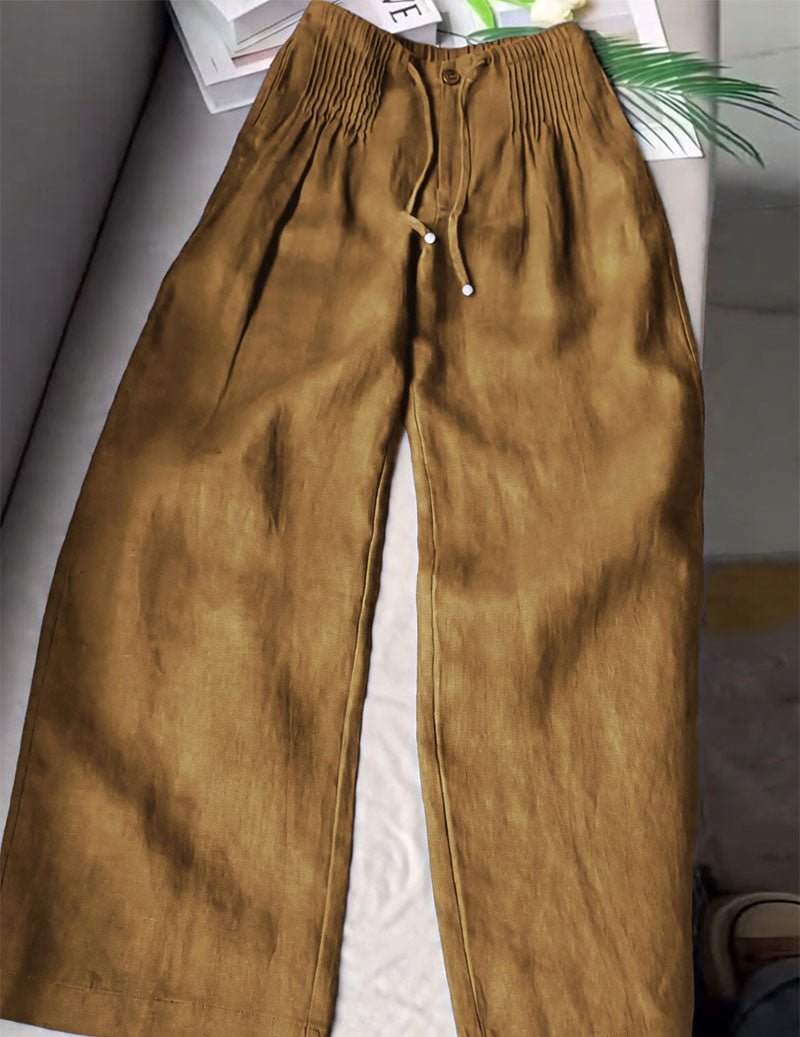 Pantaloni da donna in lino con vita arricciata e gambe larghe