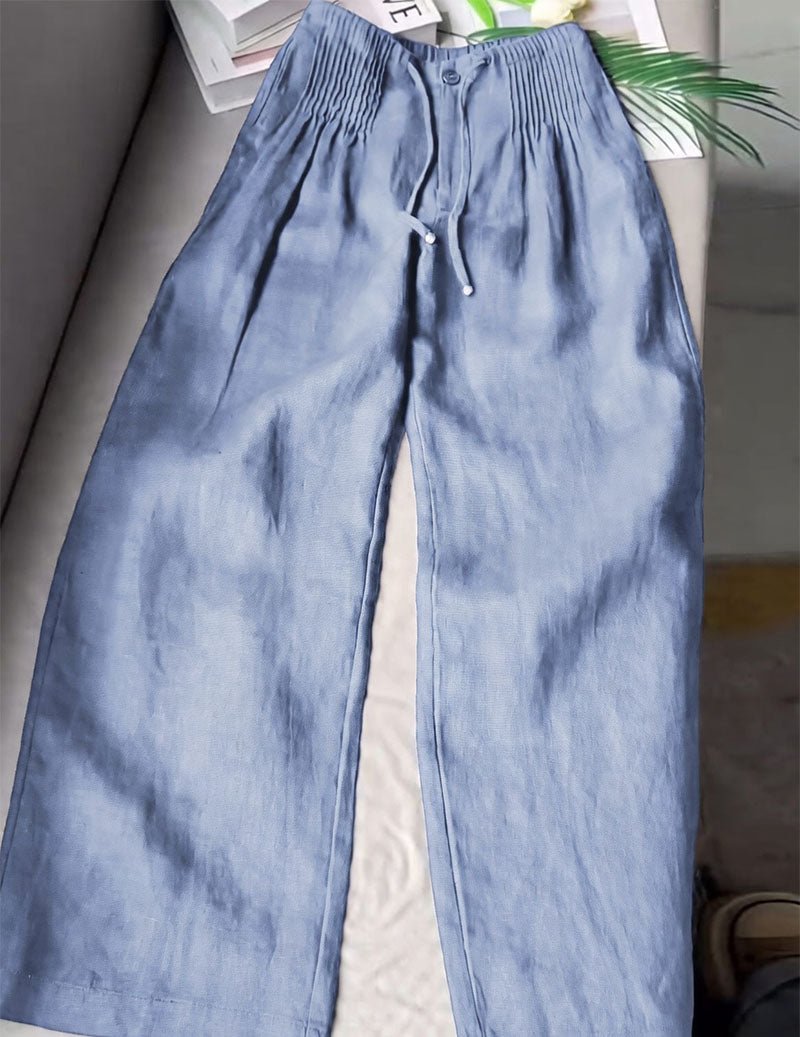Pantaloni da donna in lino con vita arricciata e gambe larghe