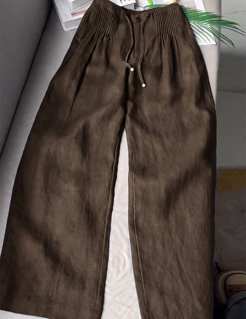 Pantaloni da donna in lino con vita arricciata e gambe larghe