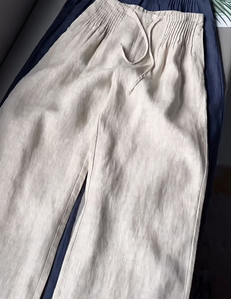 Pantaloni da donna in lino con vita arricciata e gambe larghe