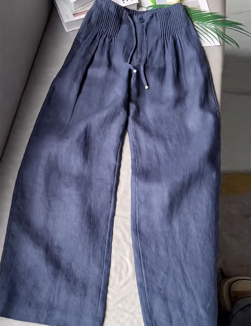 Pantaloni da donna in lino con vita arricciata e gambe larghe