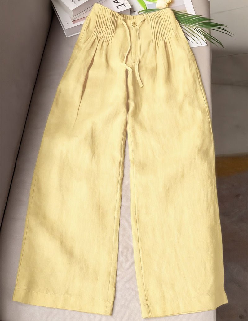 Pantaloni da donna in lino con vita arricciata e gambe larghe