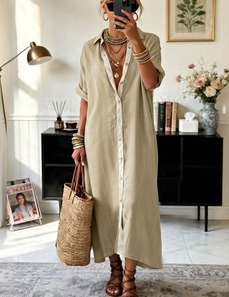 Vestito camicia maxi oversize da donna con patta a contrasto