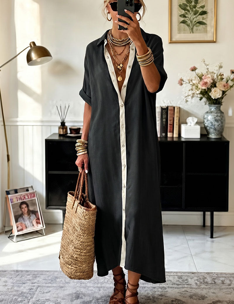 Vestito camicia maxi oversize da donna con patta a contrasto