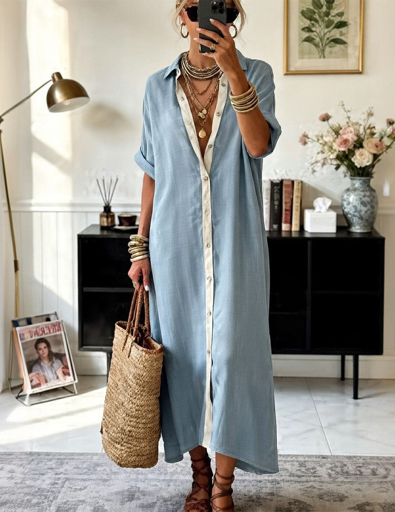 Vestito camicia maxi oversize da donna con patta a contrasto