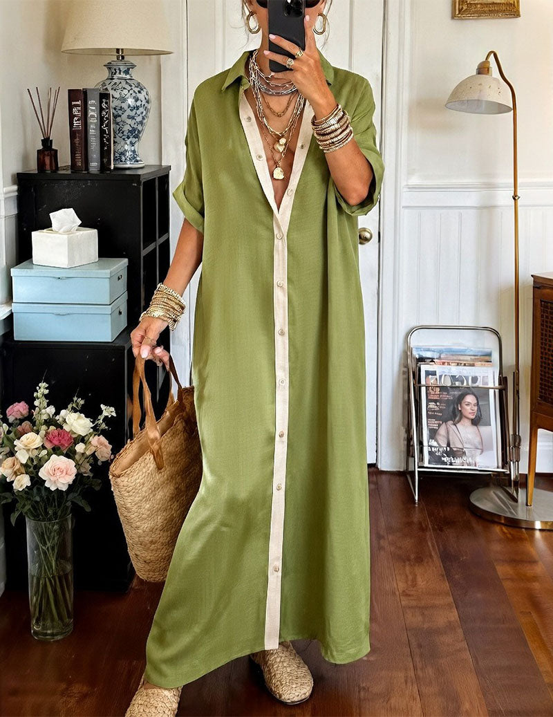 Vestito camicia maxi oversize da donna con patta a contrasto