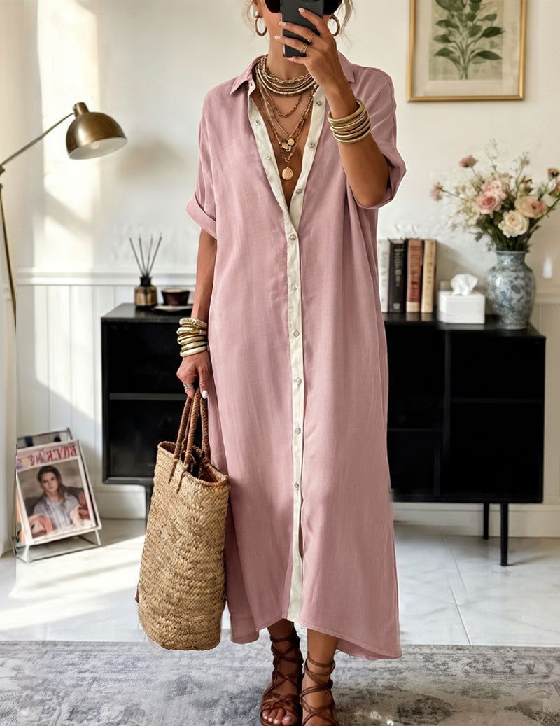 Vestito camicia maxi oversize da donna con patta a contrasto