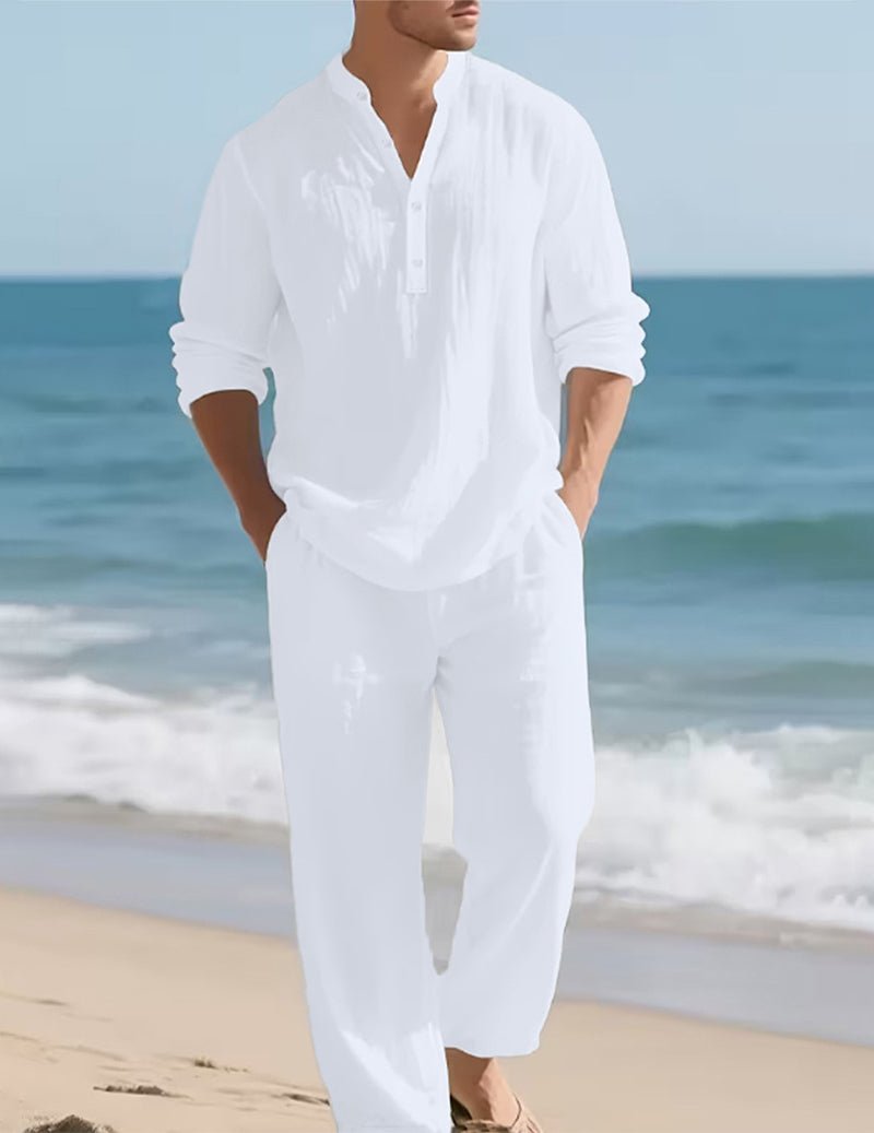 Conjunto de lino para hombre con camisa Henley y pantalones relajados