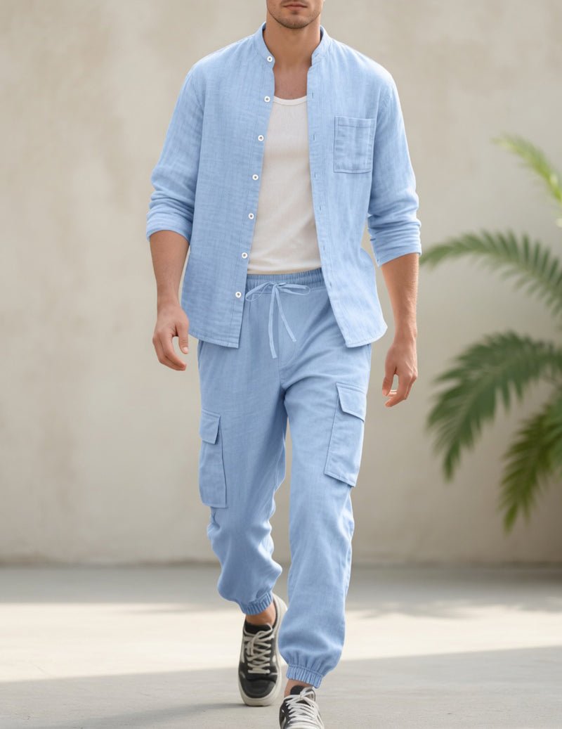Ensemble cargo en lin pour homme avec chemise à col mandarin