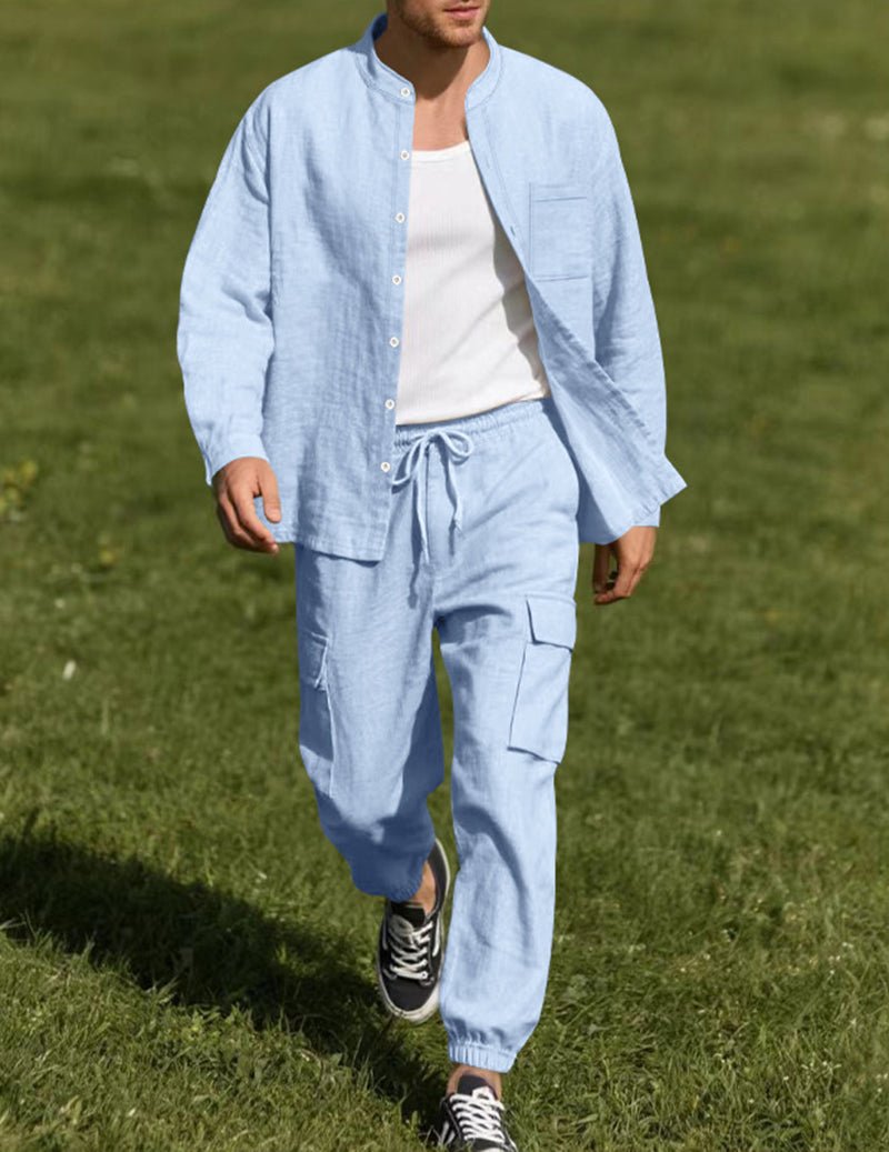 Ensemble cargo en lin pour homme avec chemise à col mandarin