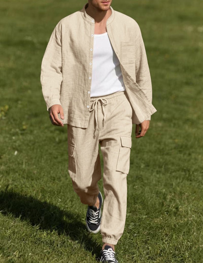 Ensemble cargo en lin pour homme avec chemise à col mandarin