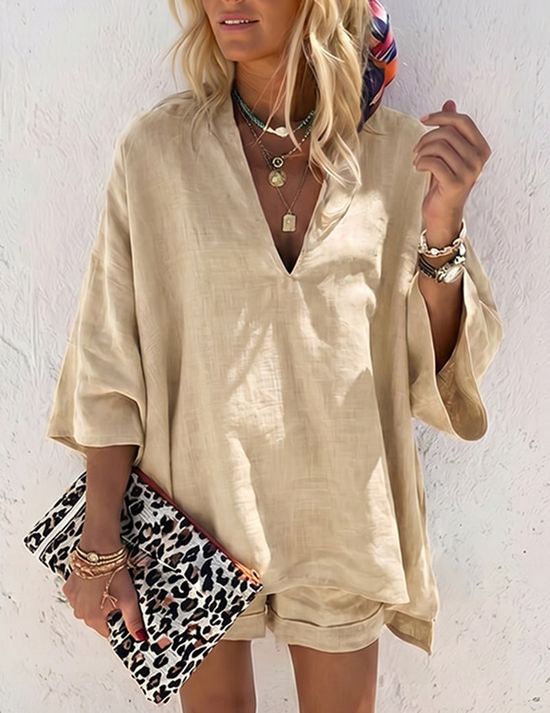 Women’s Lounge Set With Relaxed V Neck Top