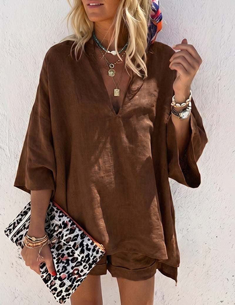 Women’s Lounge Set With Relaxed V Neck Top