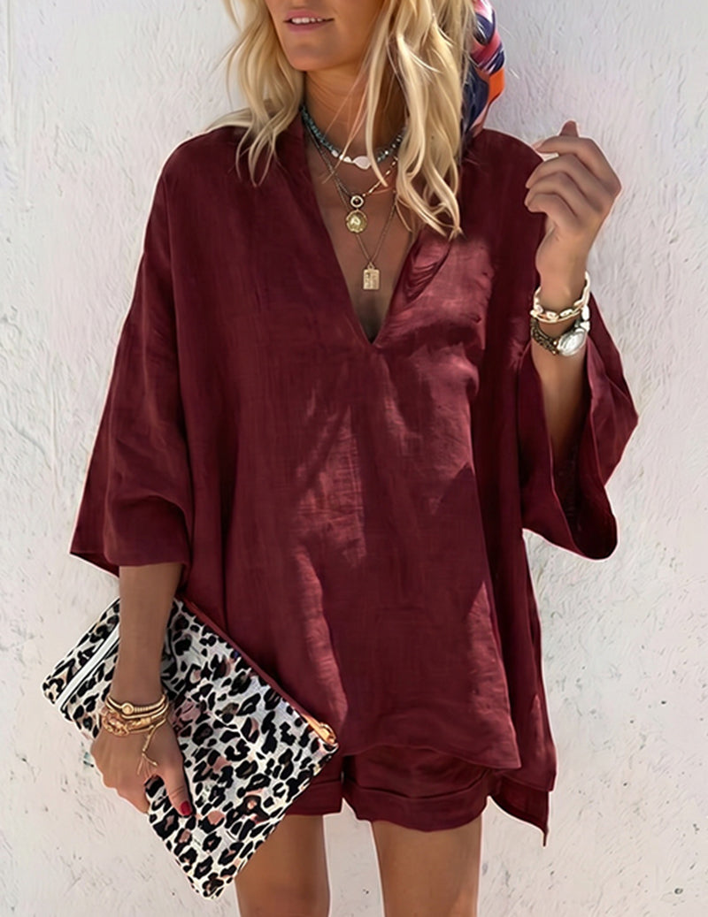 Women’s Lounge Set With Relaxed V Neck Top