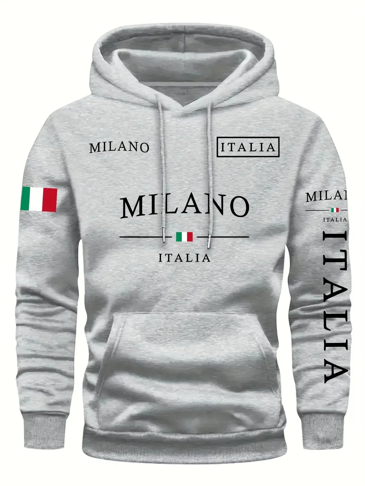 Unisex φούτερ με κουκούλα και γραφικό Milano Italia - άνετη μπλούζα τύπου pullover με ρυθμιζόμενη κουκούλα με κορδόνι και μπροστινή τσέπη καγκουρό