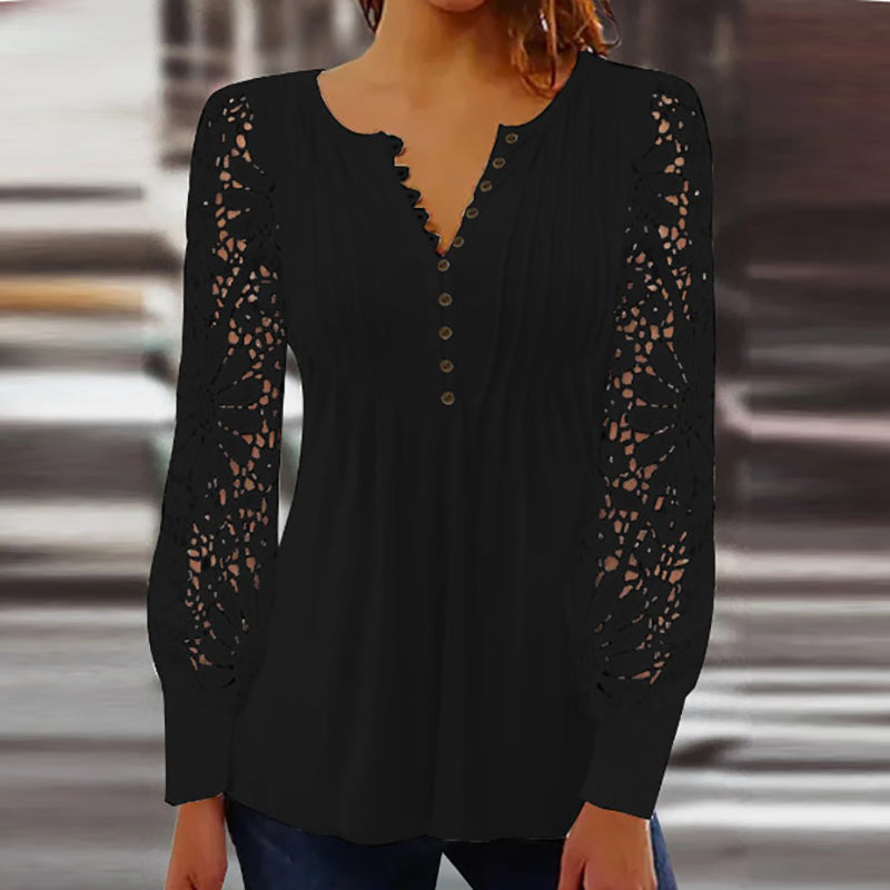 Blouse pour femme à manches en dentelle – Top à col V et plis nervurés pour une tenue élégante au quotidien