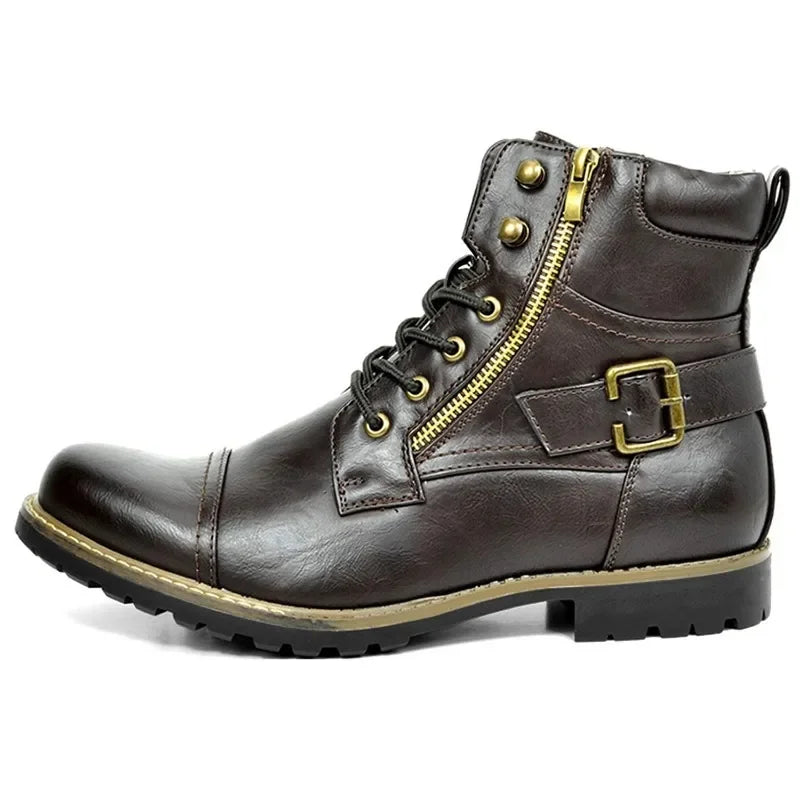 Men’s Rugged Leather Boots with Buckle and Laces | Durable, Stylish Outdoor Footwear
