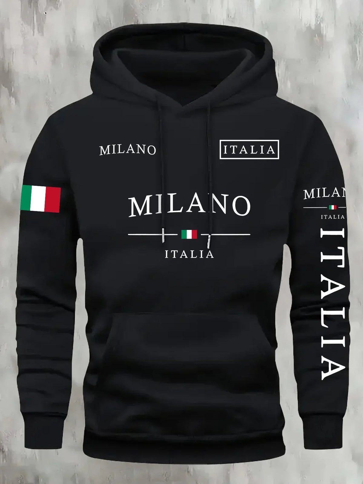 Unisex φούτερ με κουκούλα και γραφικό Milano Italia - άνετη μπλούζα τύπου pullover με ρυθμιζόμενη κουκούλα με κορδόνι και μπροστινή τσέπη καγκουρό