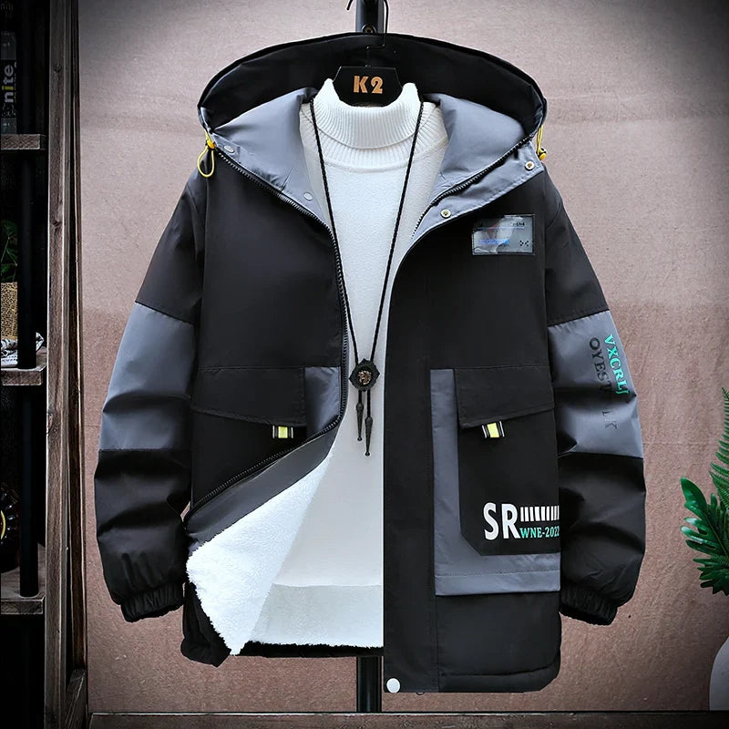 Men’s Plush-Lined Hooded Winter Jacket – Windproof Colour-Block Insulated Coat with Utility Pockets