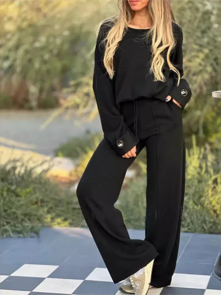 Women’s Relaxed Long-Sleeve Co-Ord Set – Soft Drawstring Wide-Leg Trousers for Everyday and Leisure Wear
