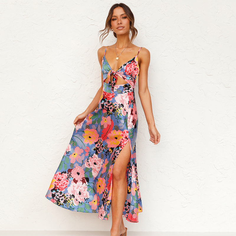 Robe longue d’été imprimée pour femme, à nouer sur le devant et avec découpes, idéale pour invitée de mariage