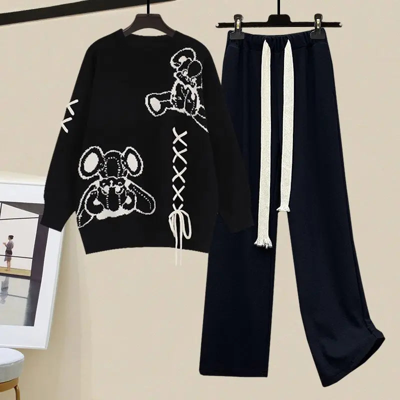 Sweatshirt med grafisk motiv og sæt med bukser med vide ben til kvinder med snøredetaljer – afslappet todelt outfit i bomuldsblanding til casual brug i efterår og vinter