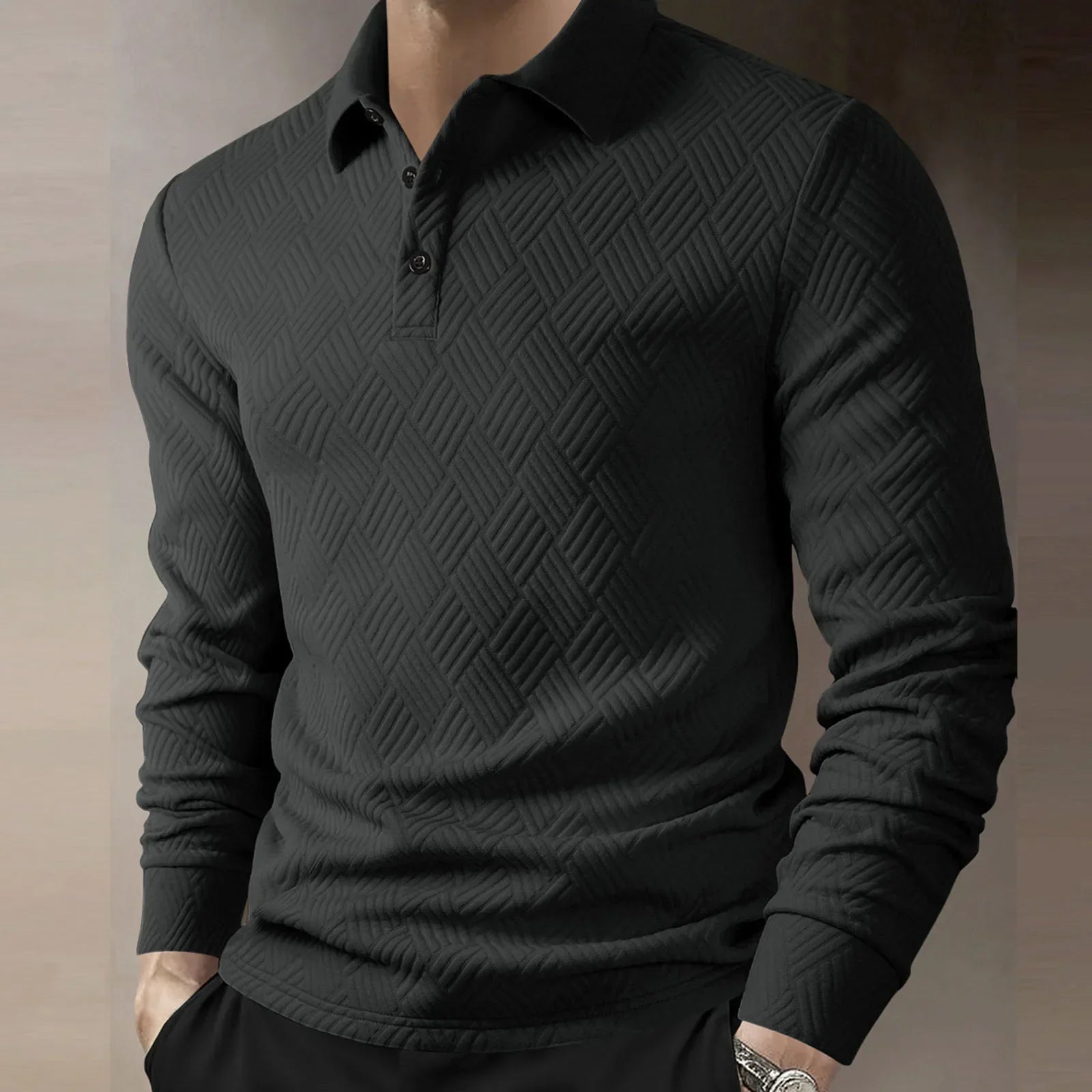 Men’s Long Sleeve Polo Shirt Textured Knit Smart Casual Top