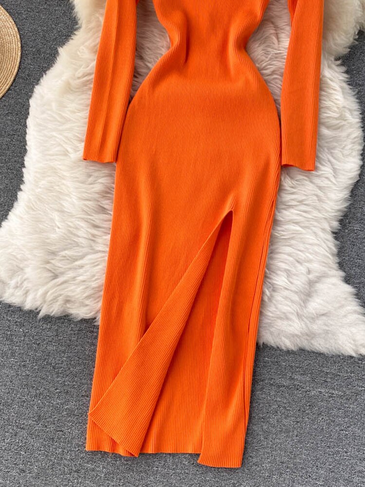 Women’s Ribbed Knit Bodycon Maxi Dress – Long Sleeve V-Neck Style for Autumn and Winter