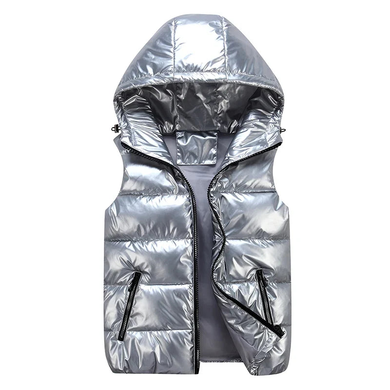 Men’s Glossy Cotton Puffer Gilet – Hooded Sleeveless Winter Layer with Zip Pockets