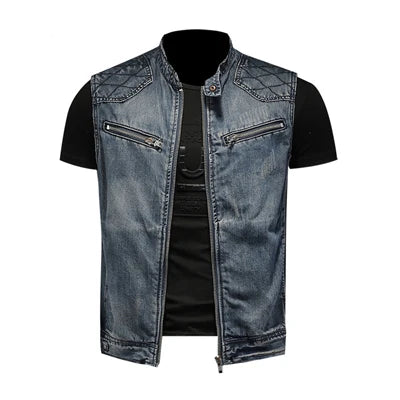 Gilet da motociclista da uomo in denim effetto vissuto – Strato senza maniche con chiusura frontale a cerniera, spalle trapuntate e tasche sul petto