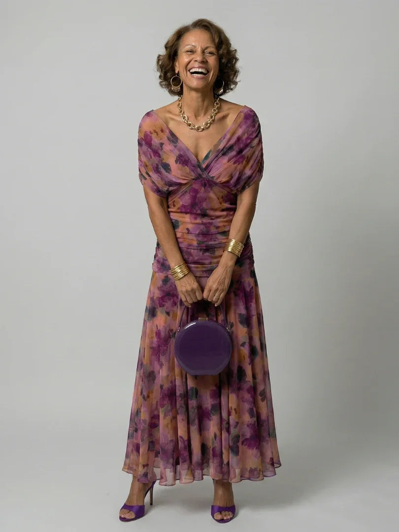 Women’s Printed Off-Shoulder Dress with Ruched Waist
