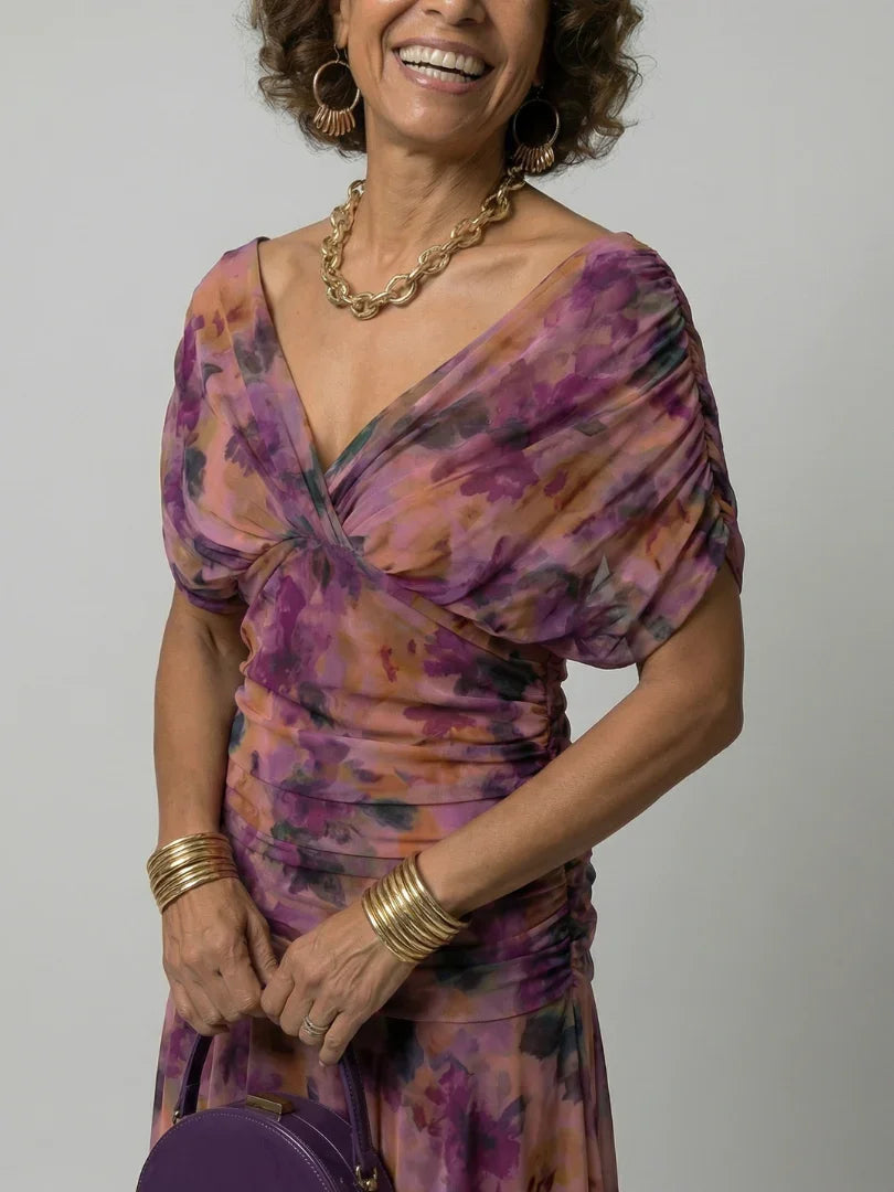 Women’s Printed Off-Shoulder Dress with Ruched Waist