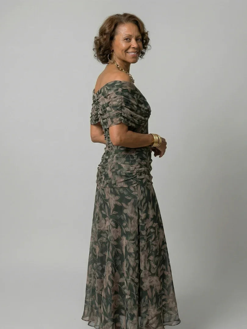 Women’s Printed Off-Shoulder Dress with Ruched Waist