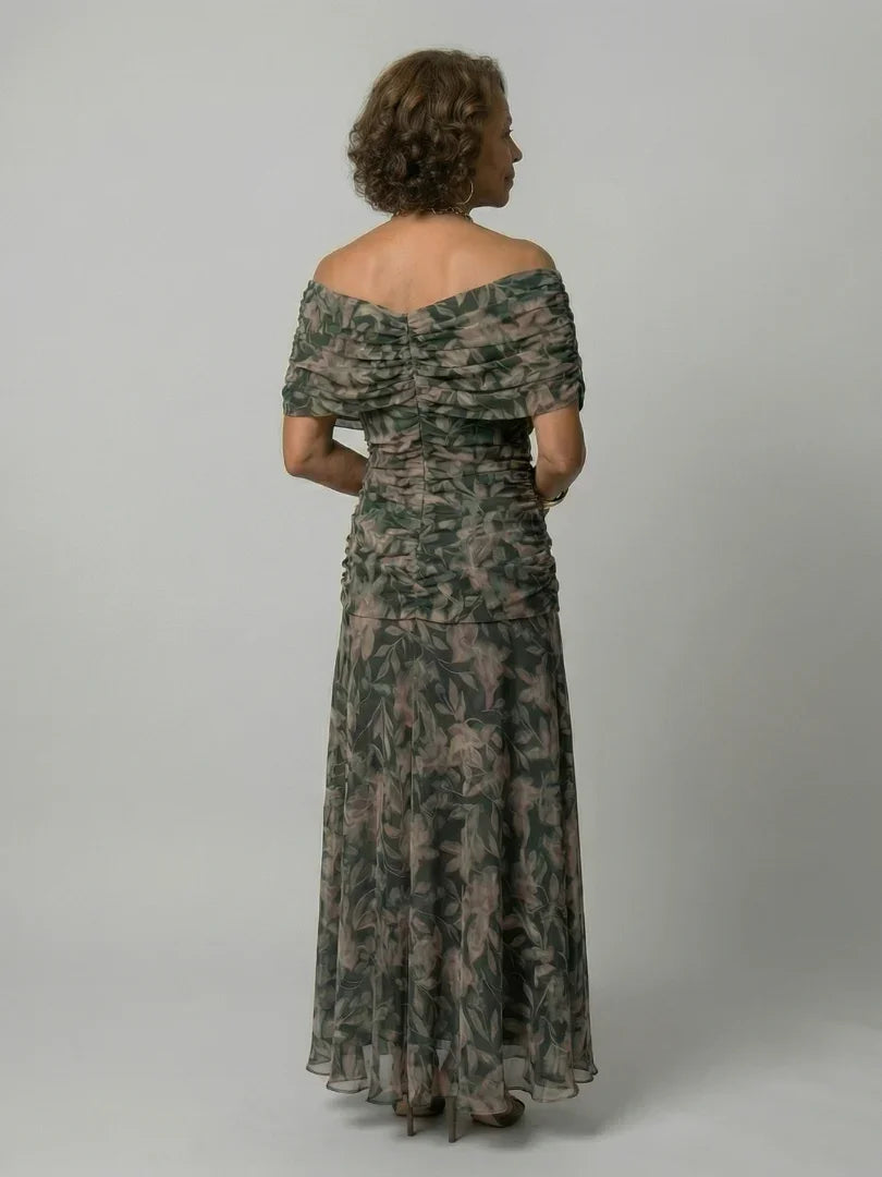 Women’s Printed Off-Shoulder Dress with Ruched Waist
