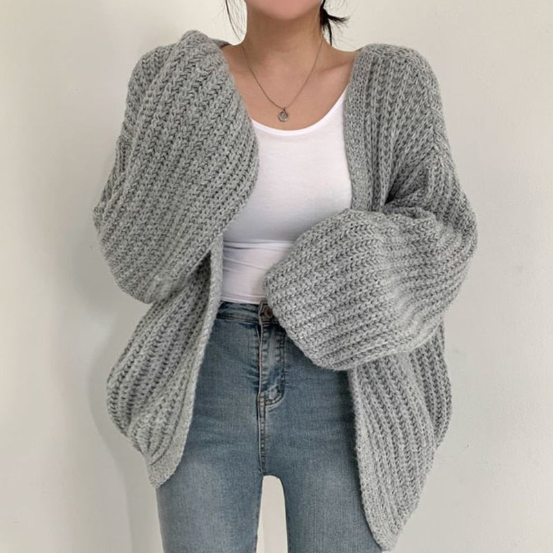 Cardigan gros tricotat pentru femei, mâneci bufante, croială lejeră, stratificabil